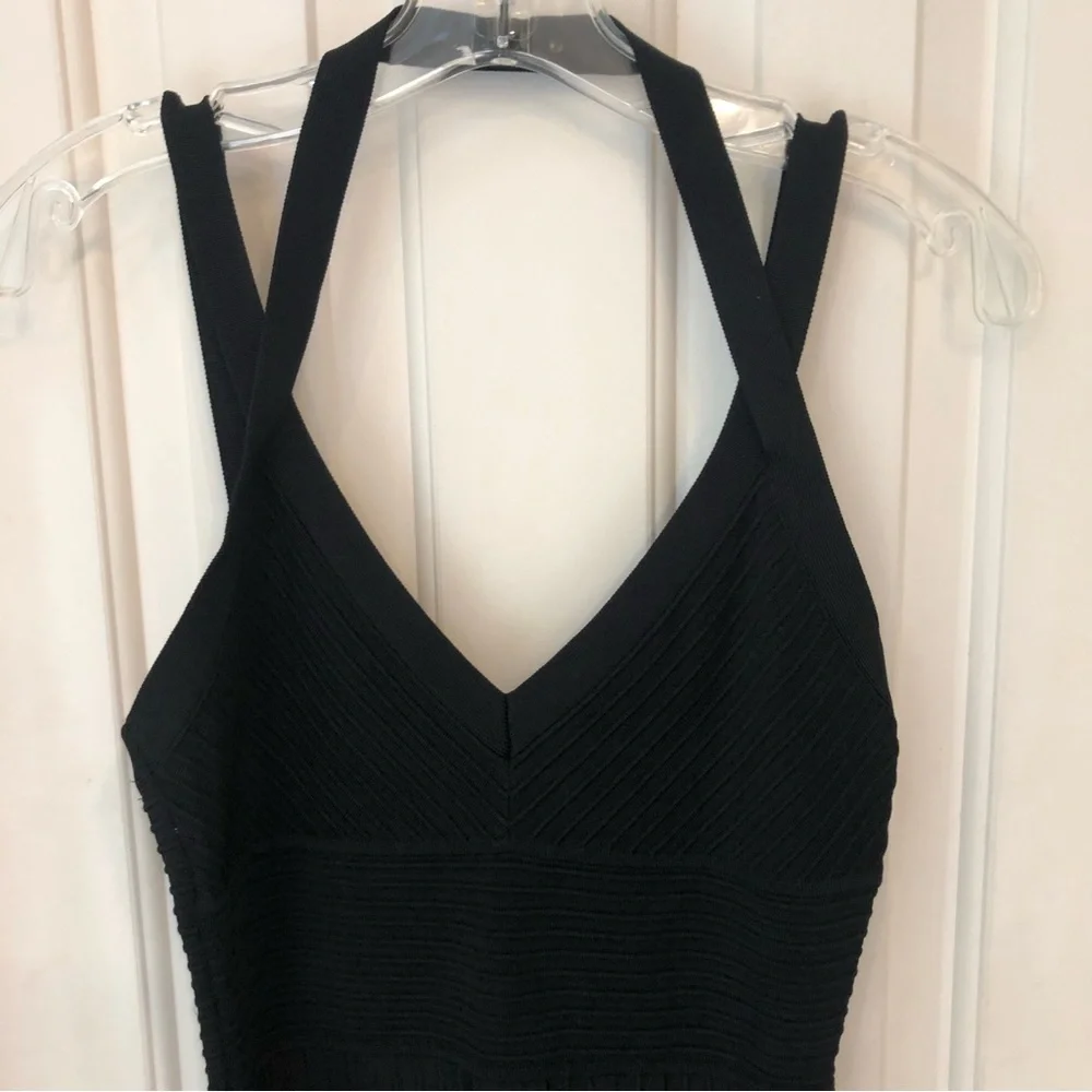 BCBGMaxAzria cocktail dress black ribbed mini full skirt, straps, Sz S, Elegant! - Picture 4 of 16
